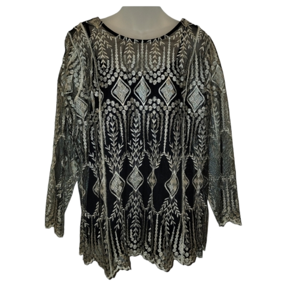 ULTRA PINK, Women's Long Sleeve Metallic Embroidered Overlay Blouse, Size 1X